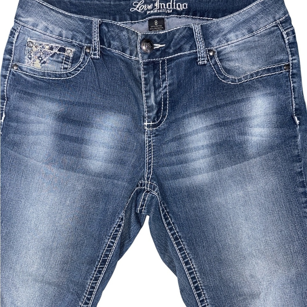Love Indigo Premium Y2K Mid Rise Embellished Blue Capris Jeans Women’s Size 8 - Picture 2 of 10